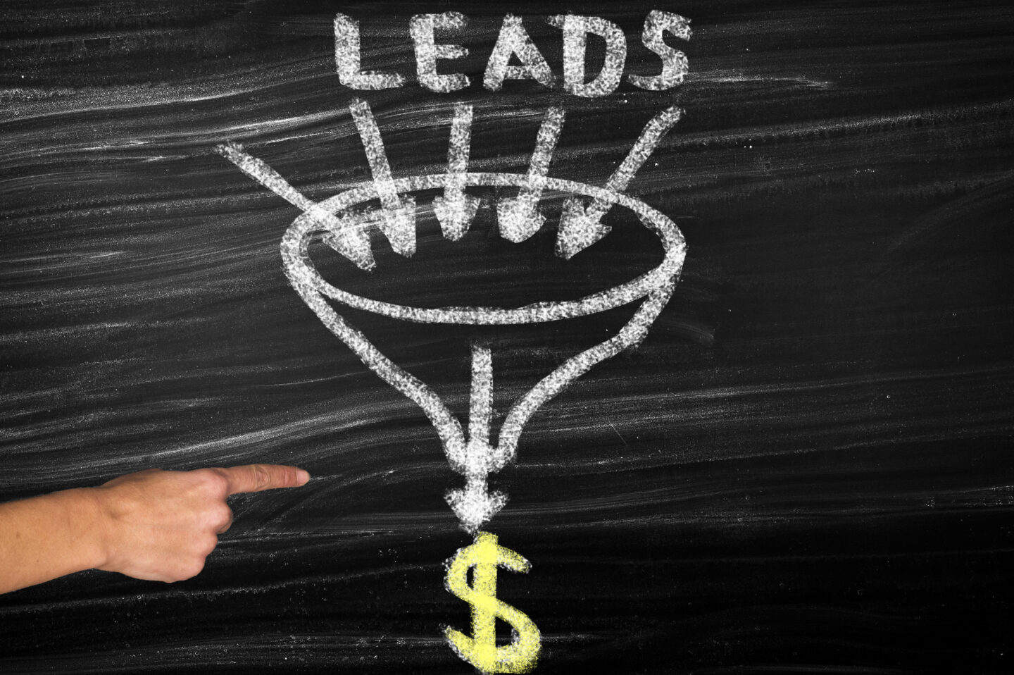 A finger points at a chalkboard with ‘leads’ written above a funnel and a dollar sign below.